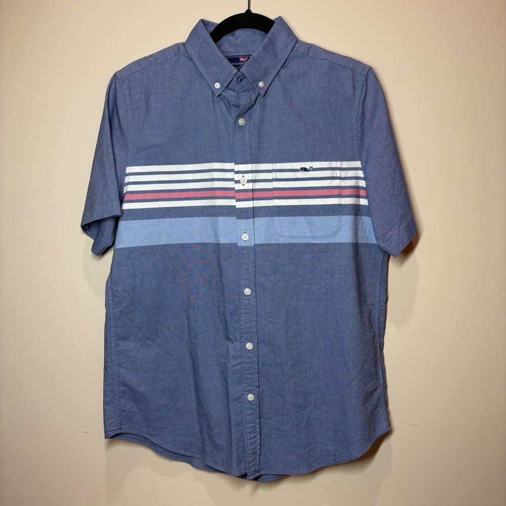 Vineyard Vines Mens M Slim Fit Tucker Shirt Blue Stripe‎ Whale Logo Short Sleeve